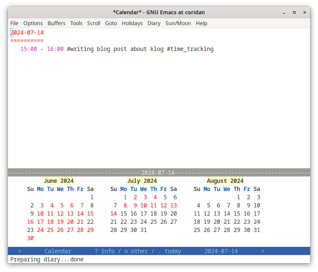 Emacs showing Klog Enties